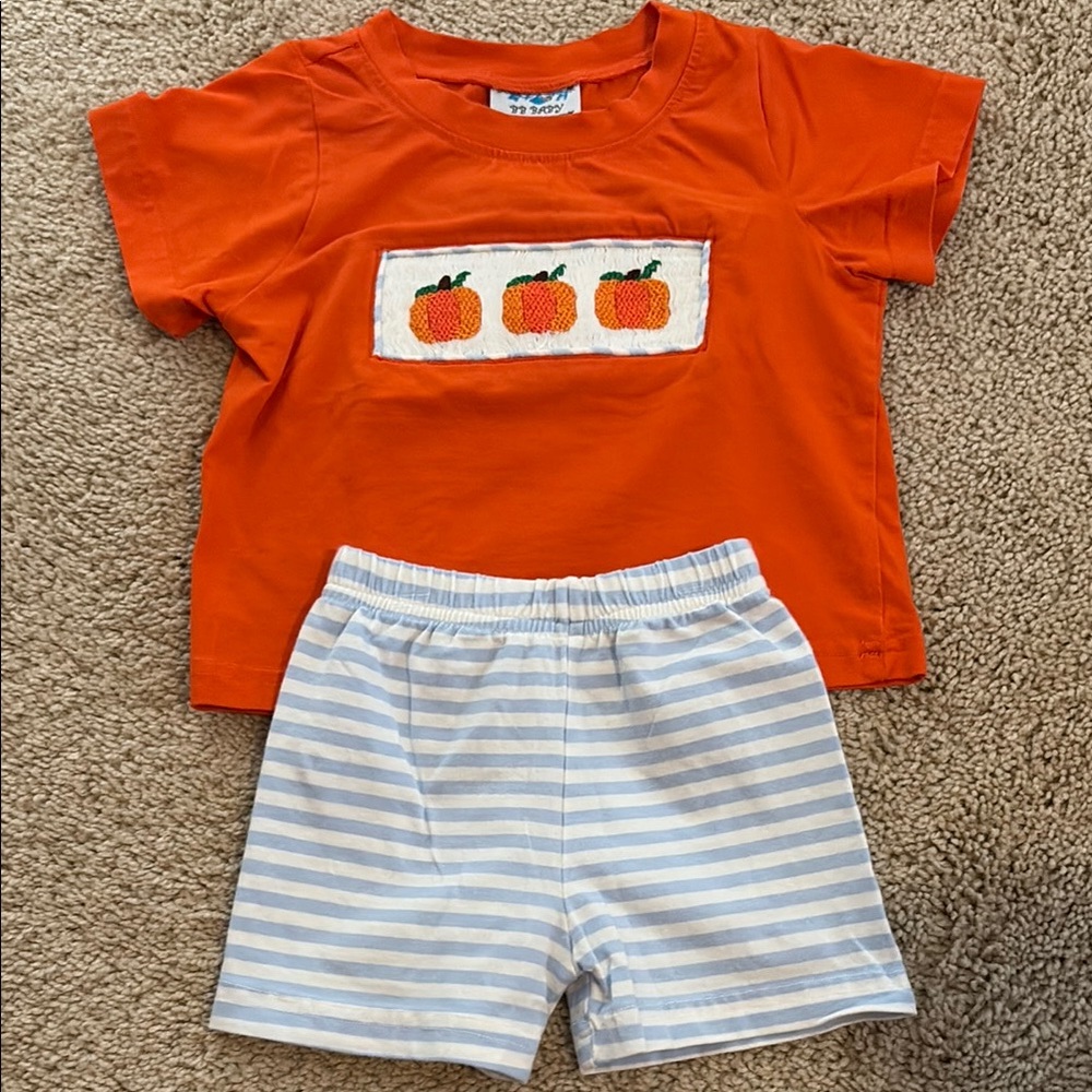 Smocked Orange Pumpkin T-Shirt and Striped Shorts Set